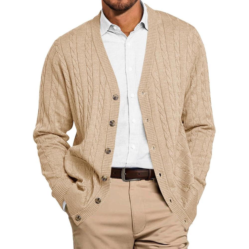 imageRuncati Mens Cable Knit Cardigan Sweater V Neck Casual Button Down Sweaters Long Sleeve Fall Outwear with PocketsKhaki