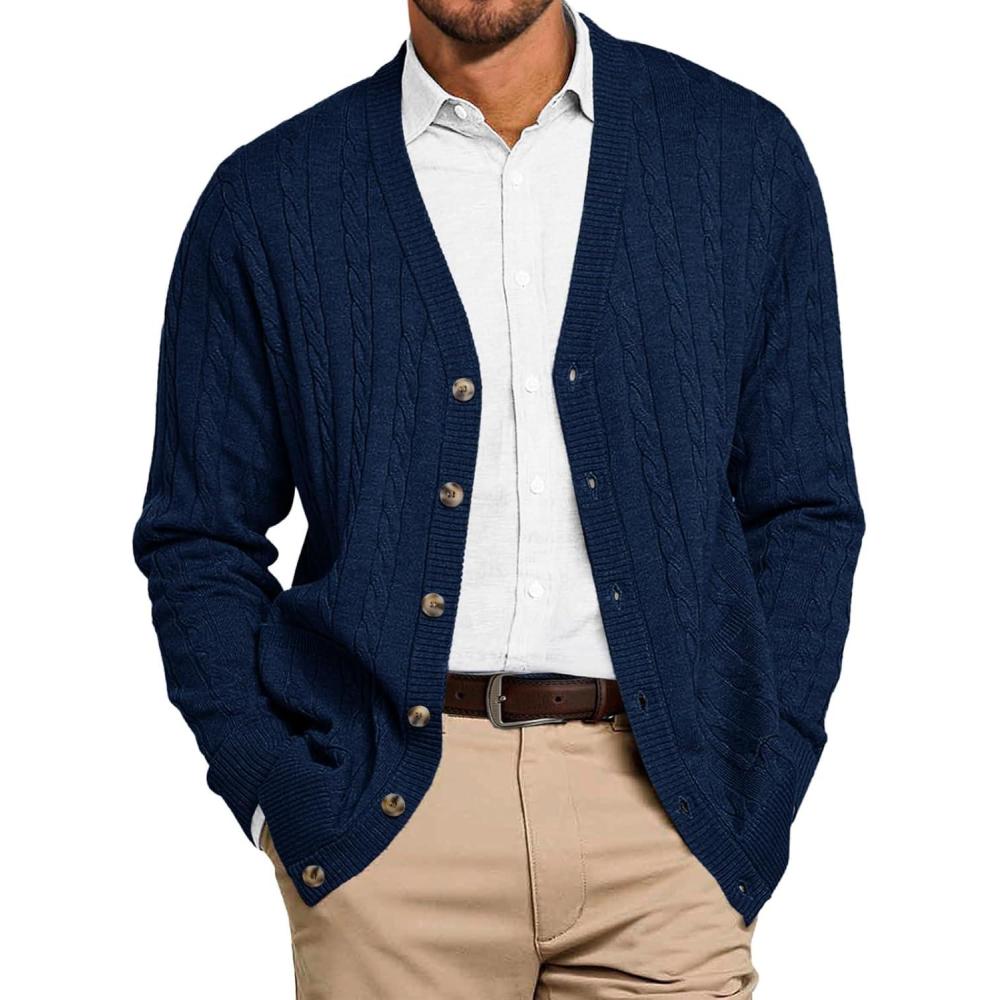 imageRuncati Mens Cable Knit Cardigan Sweater V Neck Casual Button Down Sweaters Long Sleeve Fall Outwear with PocketsNavy Blue