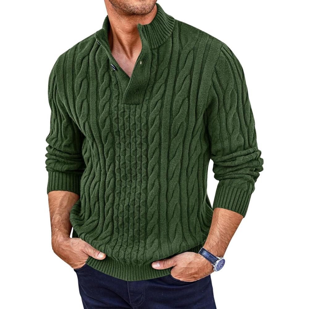 imageRuncati Mens Cable Knit Pullover Sweater Casual Stand Collar Chunky Buttons Fall Winter SweatersGreen