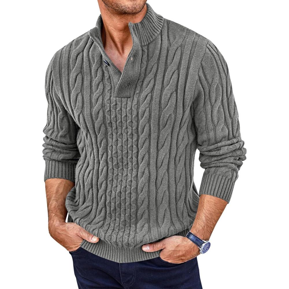 imageRuncati Mens Cable Knit Pullover Sweater Casual Stand Collar Chunky Buttons Fall Winter SweatersGrey