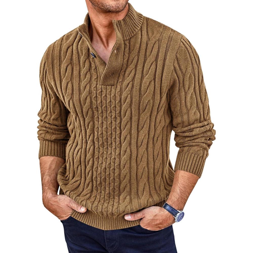 imageRuncati Mens Cable Knit Pullover Sweater Casual Stand Collar Chunky Buttons Fall Winter SweatersKhaki