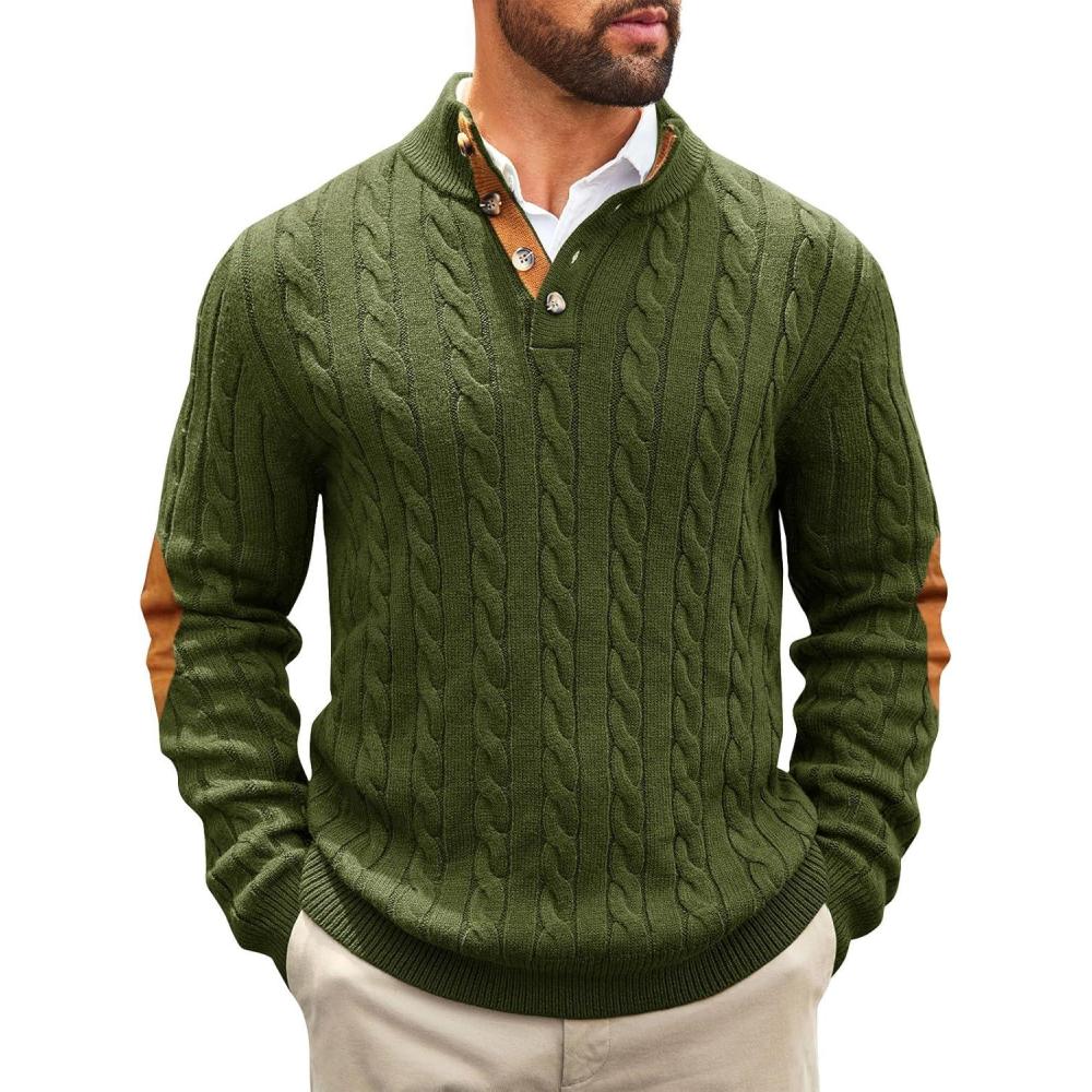 imageRuncati Mens Cable Knitted Pullover Sweater Casual Stand Collar Winter Warm Quarter Button SweatersArmy Green