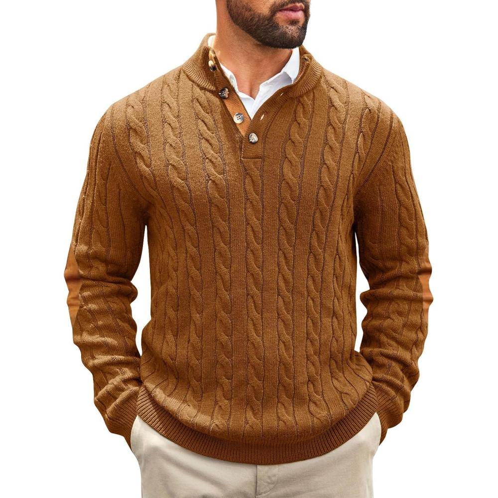 imageRuncati Mens Cable Knitted Pullover Sweater Casual Stand Collar Winter Warm Quarter Button SweatersBrown