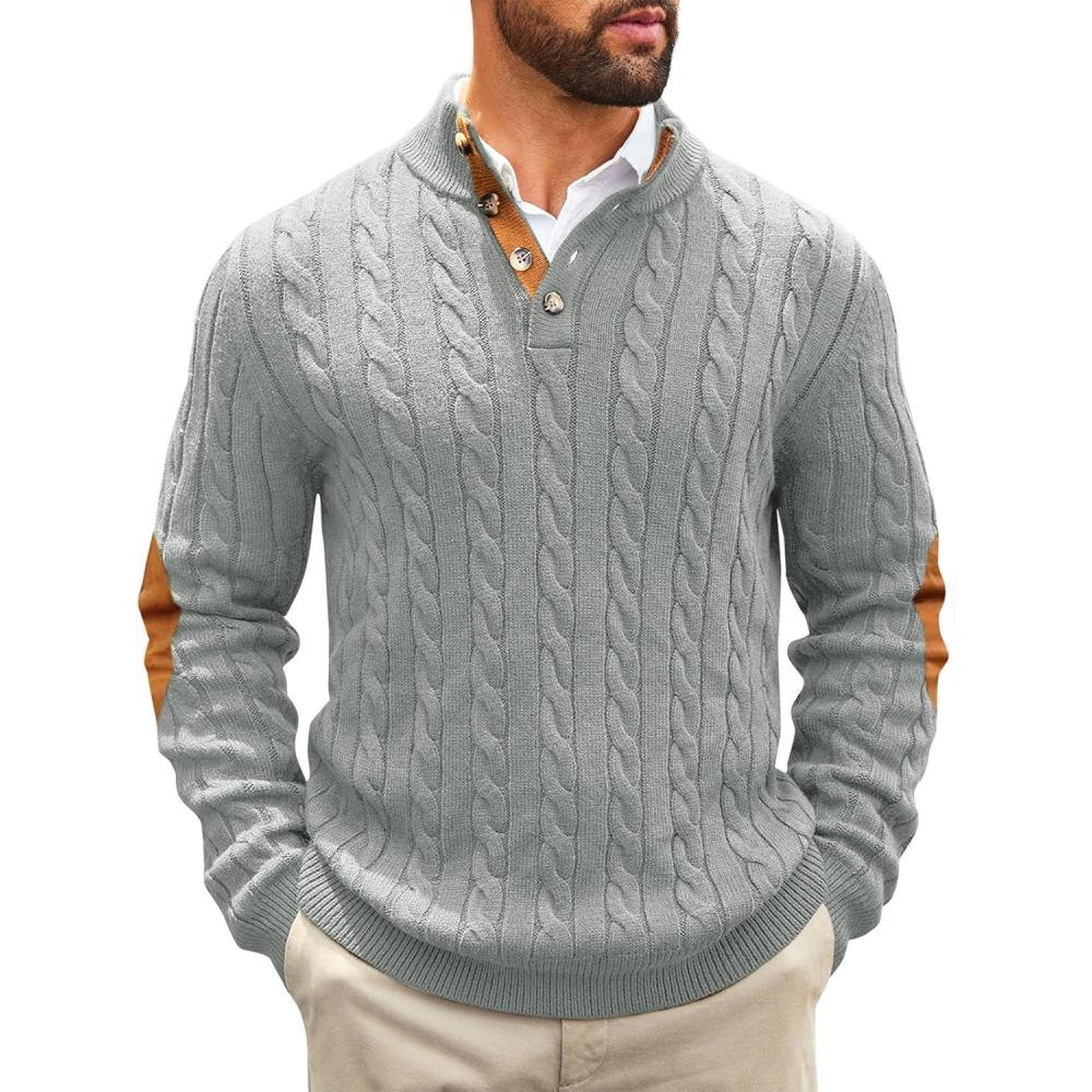 imageRuncati Mens Cable Knitted Pullover Sweater Casual Stand Collar Winter Warm Quarter Button SweatersGray