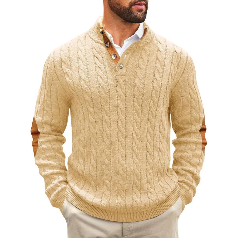 imageRuncati Mens Cable Knitted Pullover Sweater Casual Stand Collar Winter Warm Quarter Button SweatersLight Khaki