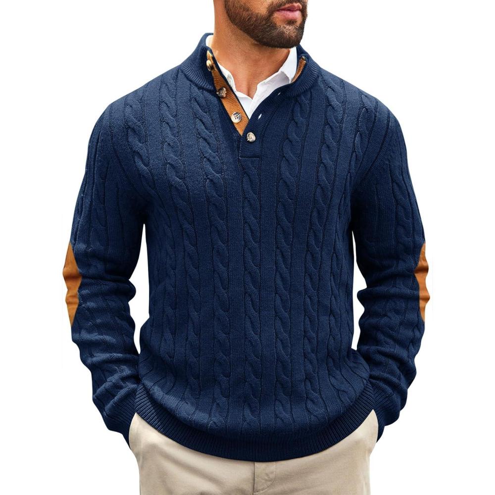 imageRuncati Mens Cable Knitted Pullover Sweater Casual Stand Collar Winter Warm Quarter Button SweatersNavy