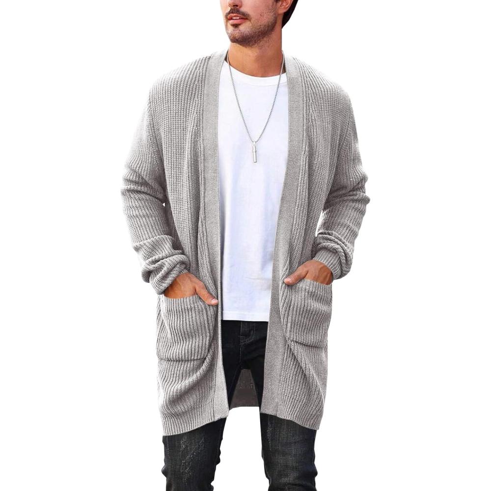 imageRuncati Mens Cardigan Sweater Casual Cable Knit V Neck Open Front Ribbed Long Winter SweatersGray