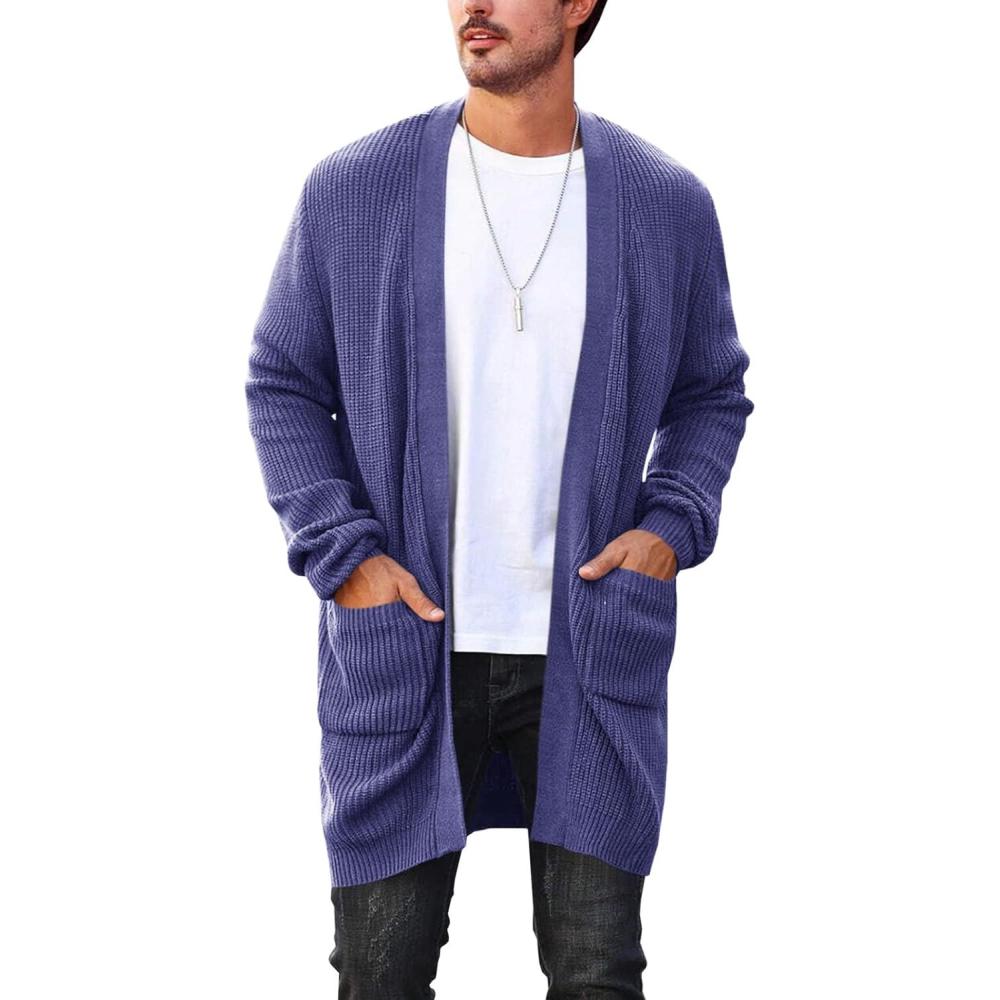 imageRuncati Mens Cardigan Sweater Casual Cable Knit V Neck Open Front Ribbed Long Winter SweatersNavy