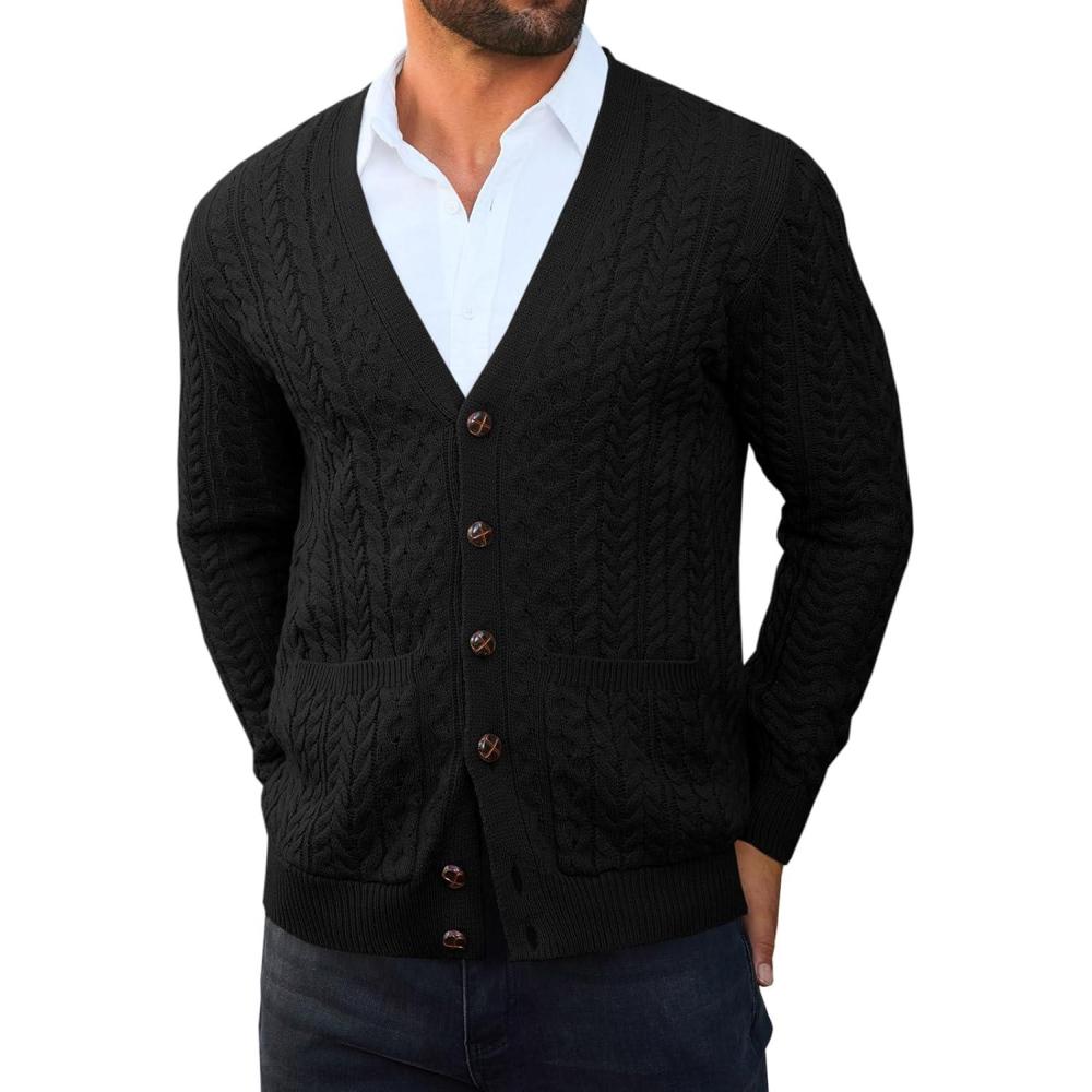 imageRuncati Mens Cardigan Sweater Casual Cable Knitted V Neck Button Down Winter SweatersBlack