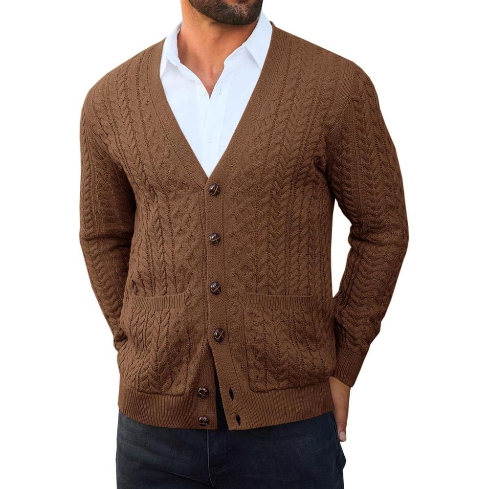 imageRuncati Mens Cardigan Sweater Casual Cable Knitted V Neck Button Down Winter SweatersBrown