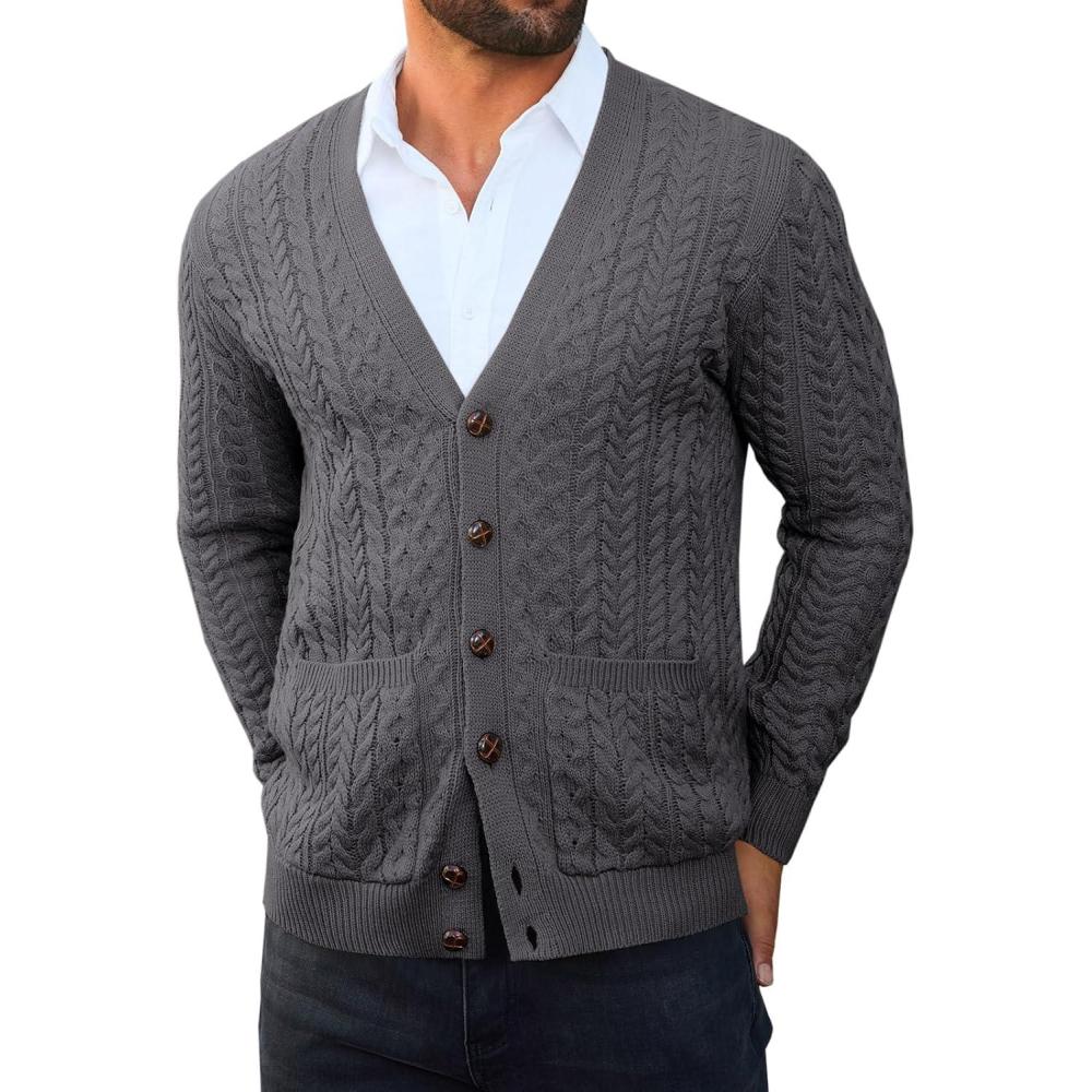 imageRuncati Mens Cardigan Sweater Casual Cable Knitted V Neck Button Down Winter SweatersDark Gray