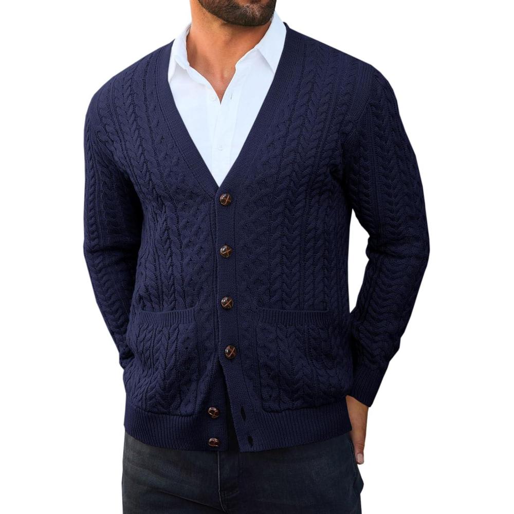 imageRuncati Mens Cardigan Sweater Casual Cable Knitted V Neck Button Down Winter SweatersNavy