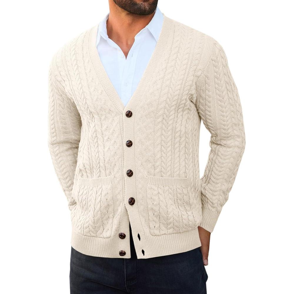imageRuncati Mens Cardigan Sweater Casual Cable Knitted V Neck Button Down Winter SweatersWhite