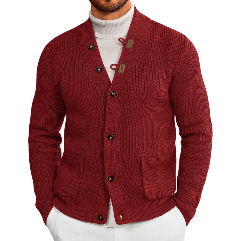 imageRuncati Mens Cardigan Sweater Casual V Neck Button Down Cardigan Ribbed Knitted Winter Chunky Sweaters with PocketsWine Red