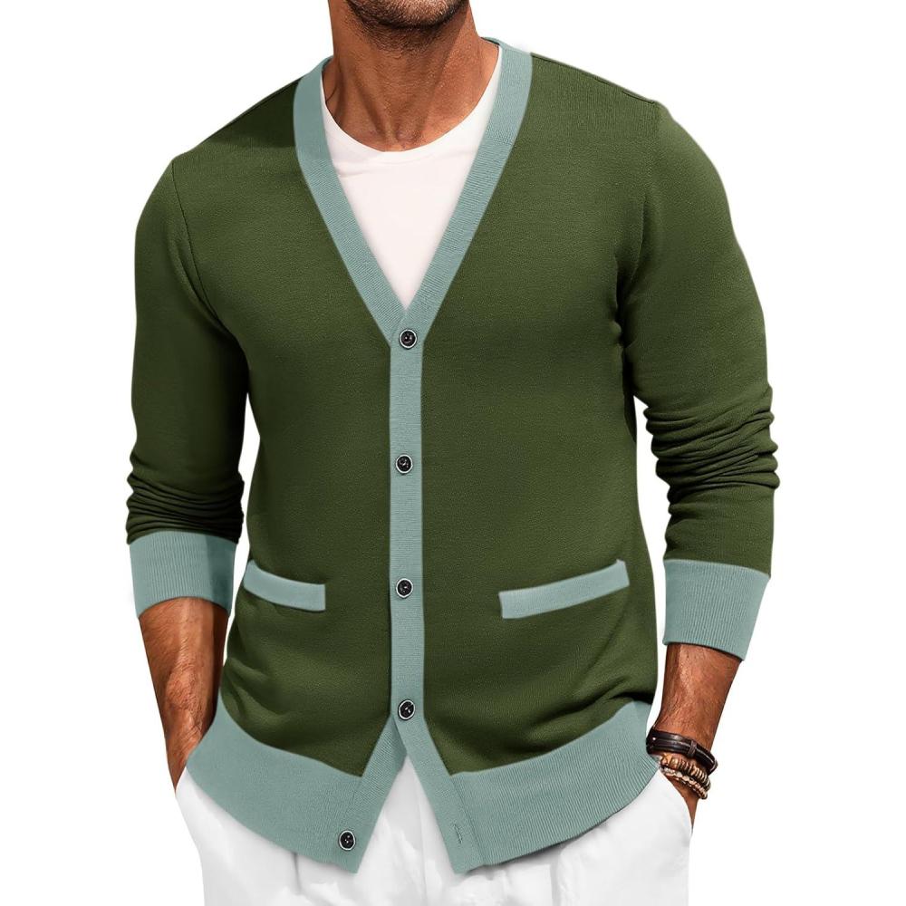 imageRuncati Mens Cardigan Sweater Long Sleeve V Neck Cardigan Casul Button Down Knitted Sweaters with PocketsArmy Green