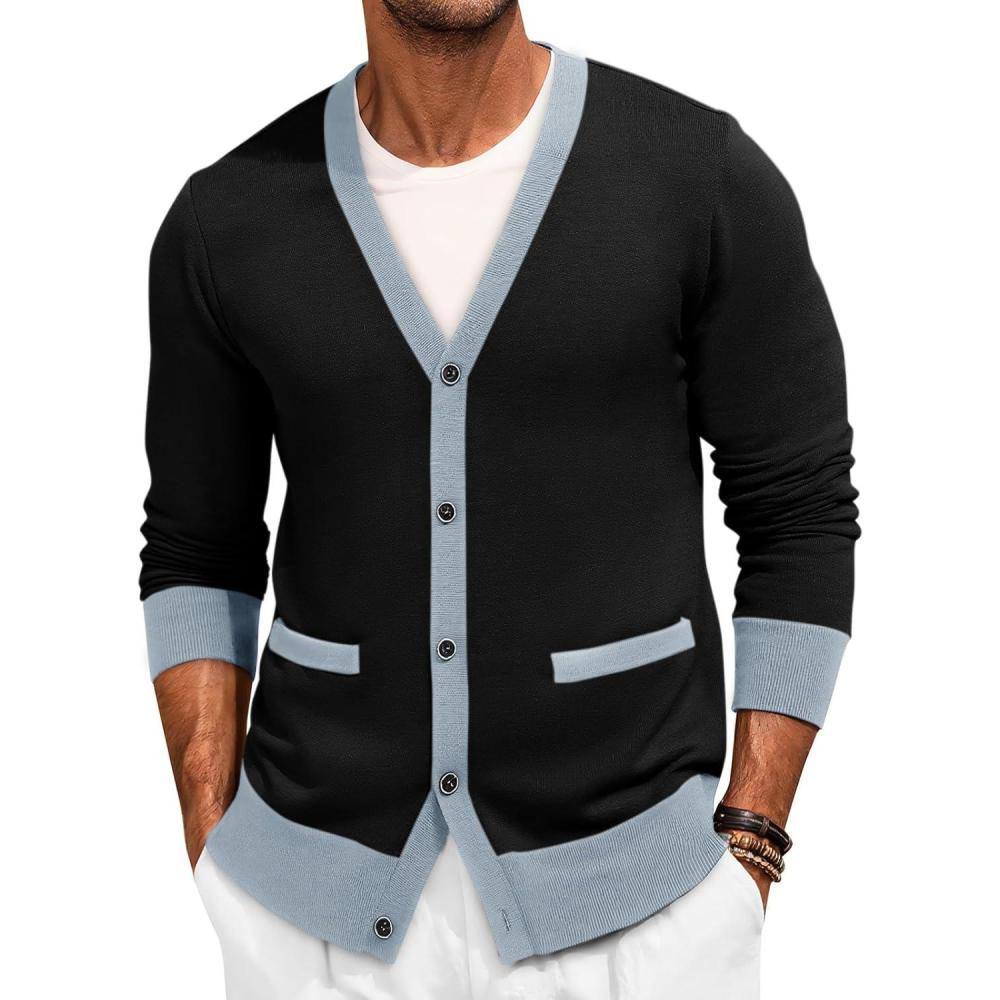 imageRuncati Mens Cardigan Sweater Long Sleeve V Neck Cardigan Casul Button Down Knitted Sweaters with PocketsBlack
