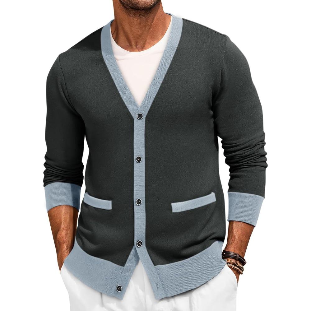 imageRuncati Mens Cardigan Sweater Long Sleeve V Neck Cardigan Casul Button Down Knitted Sweaters with PocketsDark Grey