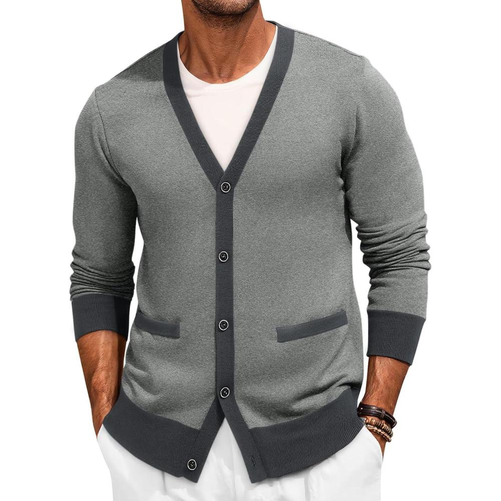 imageRuncati Mens Cardigan Sweater Long Sleeve V Neck Cardigan Casul Button Down Knitted Sweaters with PocketsGrey