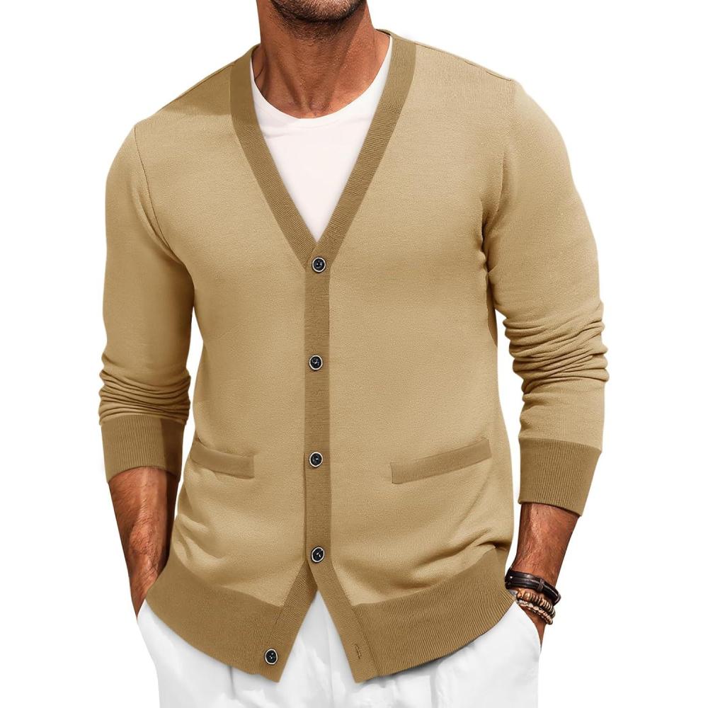 imageRuncati Mens Cardigan Sweater Long Sleeve V Neck Cardigan Casul Button Down Knitted Sweaters with PocketsLight Khaki