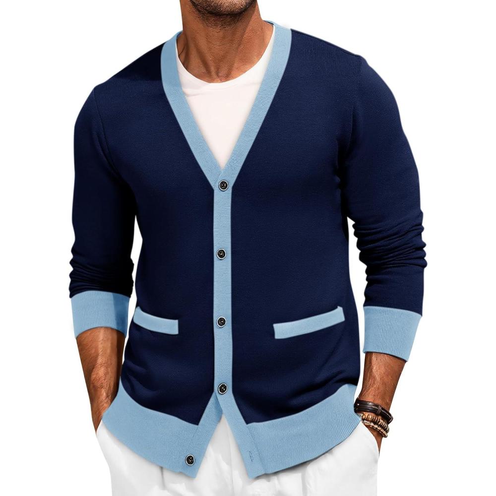 imageRuncati Mens Cardigan Sweater Long Sleeve V Neck Cardigan Casul Button Down Knitted Sweaters with PocketsNavy