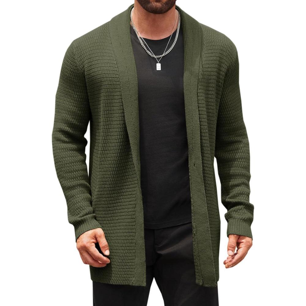 imageRuncati Mens Cardigan Sweater Shawl Collar Cable Knit Cardiagn Long Winter Open Front Sweaters with PocketsArmy Green