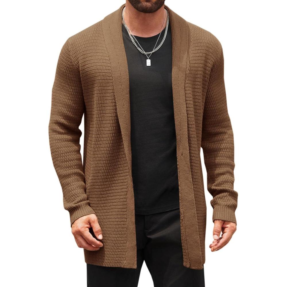 imageRuncati Mens Cardigan Sweater Shawl Collar Cable Knit Cardiagn Long Winter Open Front Sweaters with PocketsBrown