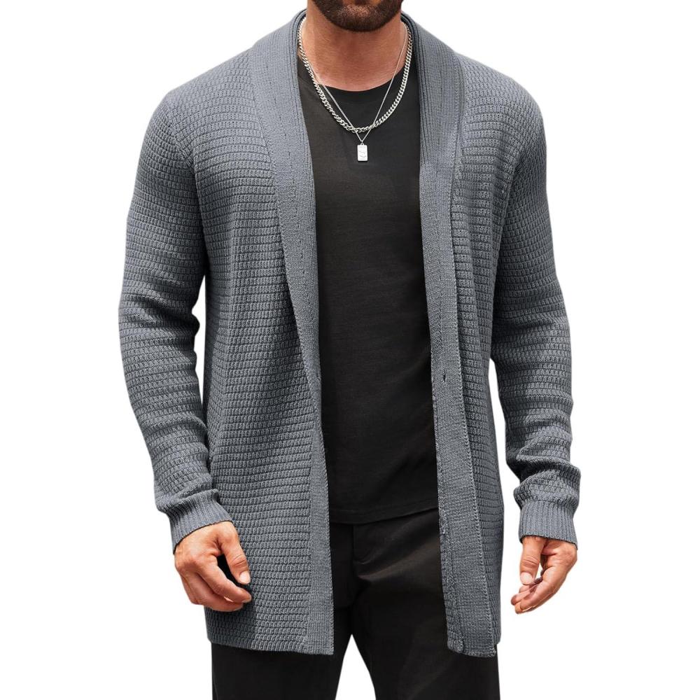 imageRuncati Mens Cardigan Sweater Shawl Collar Cable Knit Cardiagn Long Winter Open Front Sweaters with PocketsGrey