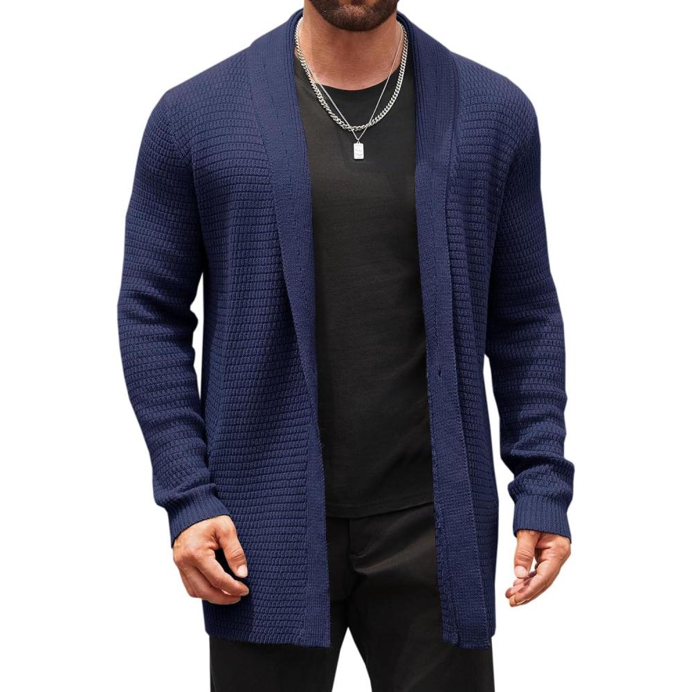 imageRuncati Mens Cardigan Sweater Shawl Collar Cable Knit Cardiagn Long Winter Open Front Sweaters with PocketsNavy