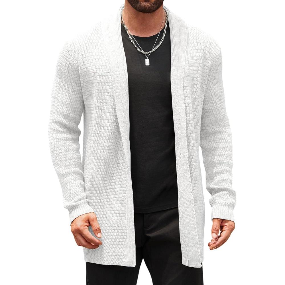 imageRuncati Mens Cardigan Sweater Shawl Collar Cable Knit Cardiagn Long Winter Open Front Sweaters with PocketsWhite