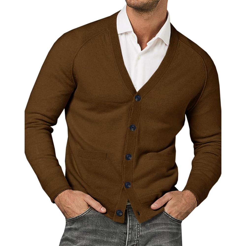 imageRuncati Mens Cardigan Sweaters V Neck Button Down Long Sleeve Casual Cardigan Slim Fit Knit Sweater with PocketsBrown