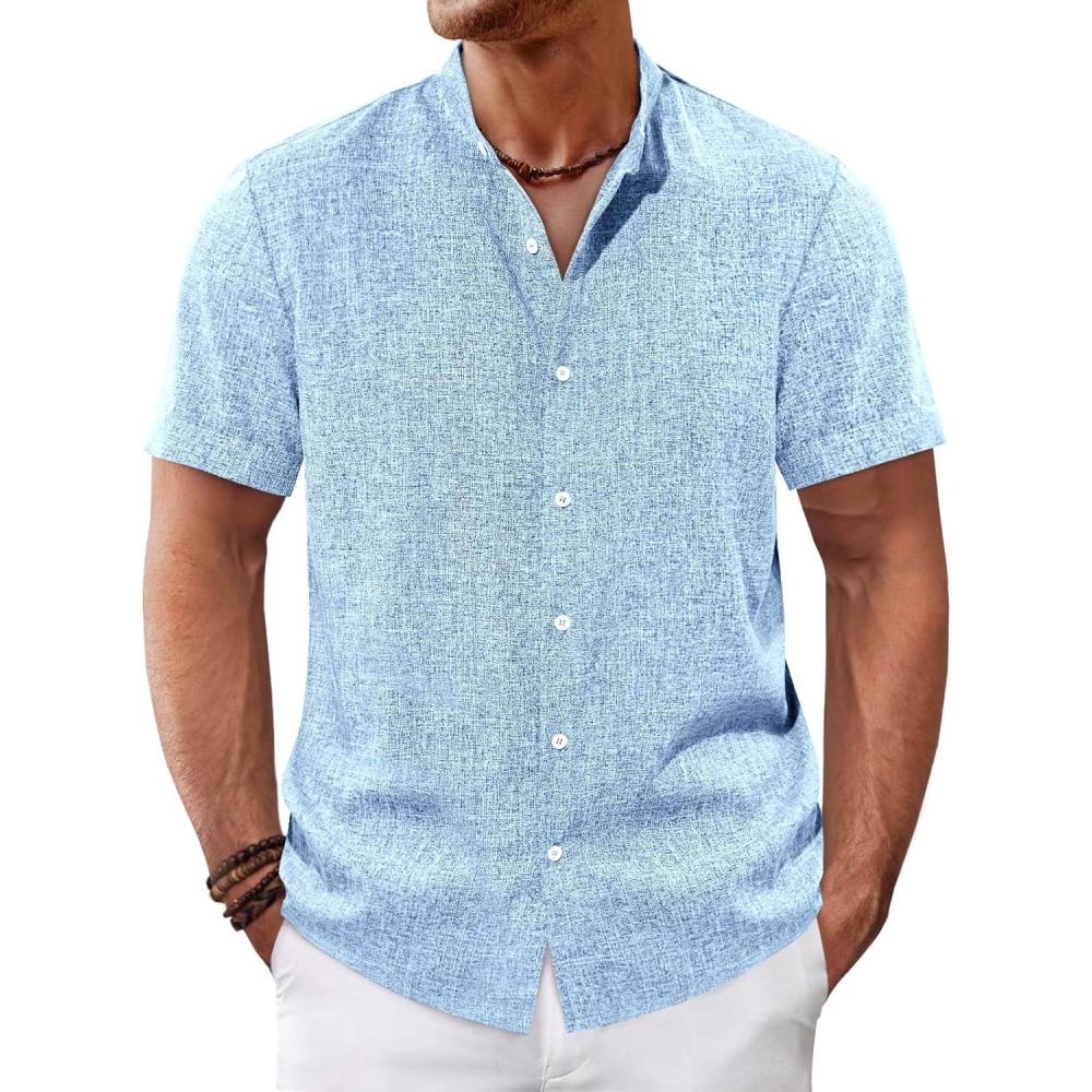 imageRuncati Mens Casual Button Down Shirts Short Sleeve Banded Collar Shirt Linen Beach Summer Hippie TopsSky Blue