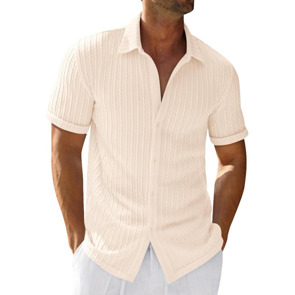 imageRuncati Mens Casual Button Down Shirts Short Sleeve Textured Shirt Summer Beach TopsBeige