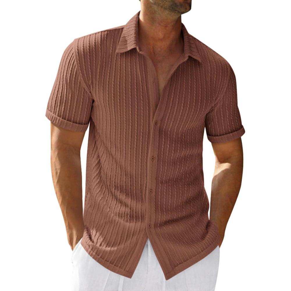imageRuncati Mens Casual Button Down Shirts Short Sleeve Textured Shirt Summer Beach TopsBrown