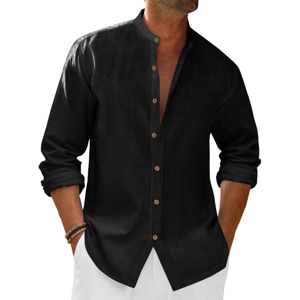 imageRuncati Mens Casual Linen Shirts 34 Sleeve Button Down Banded Collar Summer Beach ShirtBlack