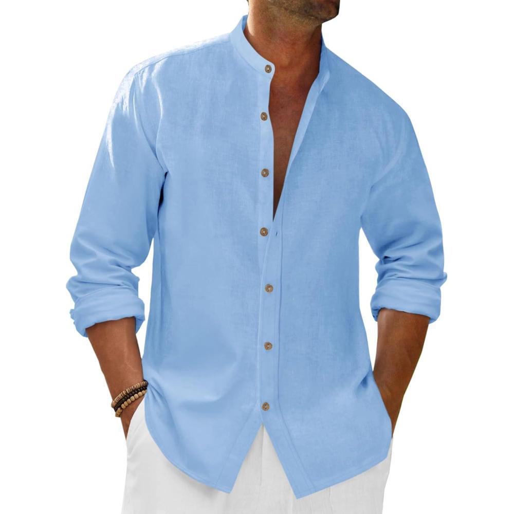 imageRuncati Mens Casual Linen Shirts 34 Sleeve Button Down Banded Collar Summer Beach ShirtBlue