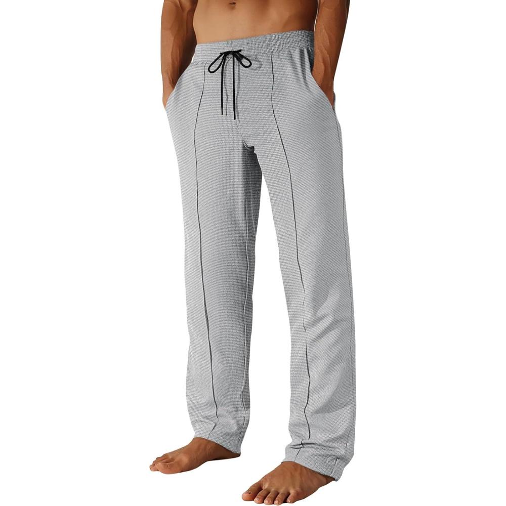 imageRuncati Mens Casual Sweat Pants Pleated Drawstring Elastic Waist Waffle Straight Leg Joggers Sweatpants with PocketsLight Gray