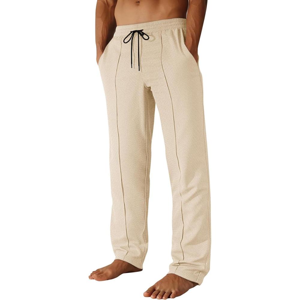 imageRuncati Mens Casual Sweat Pants Pleated Drawstring Elastic Waist Waffle Straight Leg Joggers Sweatpants with PocketsLight Khaki