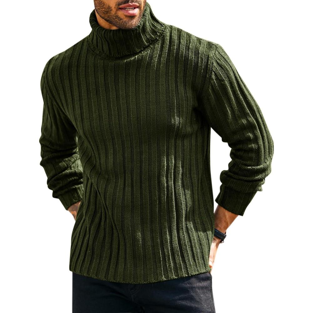imageRuncati Mens Chunky Turtleneck Sweaters Cable Knitted Casual Slim Fit Fall Winter Warm Pullover SweaterArmy Green