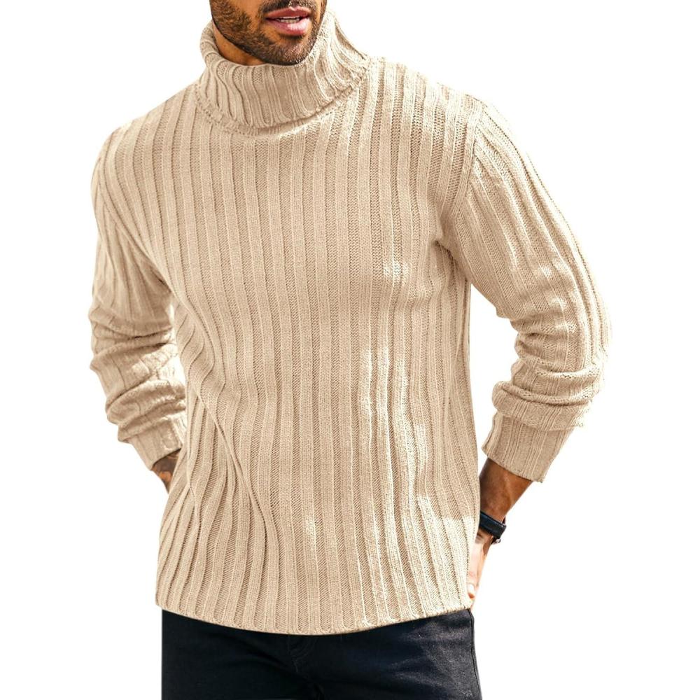 imageRuncati Mens Chunky Turtleneck Sweaters Cable Knitted Casual Slim Fit Fall Winter Warm Pullover SweaterBeige