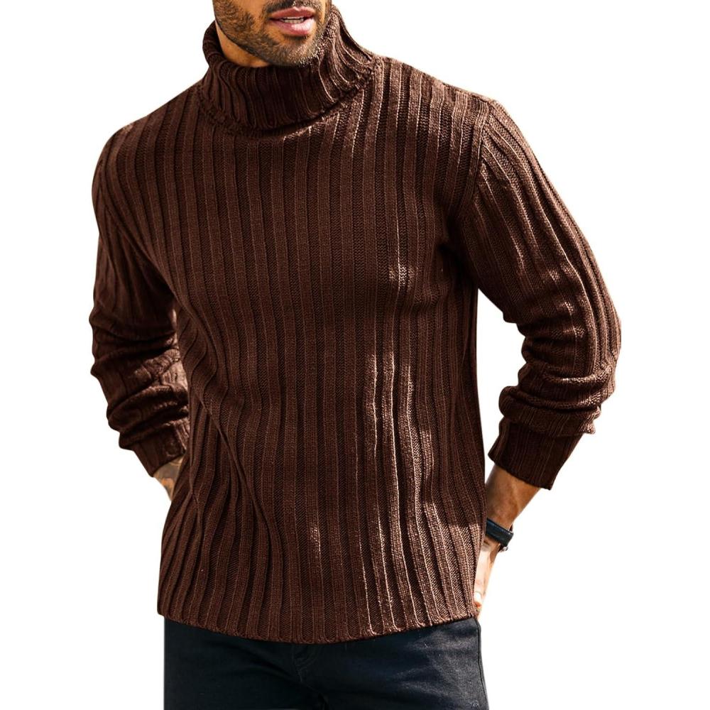 imageRuncati Mens Chunky Turtleneck Sweaters Cable Knitted Casual Slim Fit Fall Winter Warm Pullover SweaterCoffee