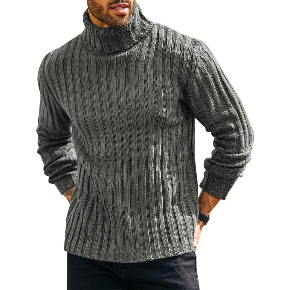 imageRuncati Mens Chunky Turtleneck Sweaters Cable Knitted Casual Slim Fit Fall Winter Warm Pullover SweaterGray