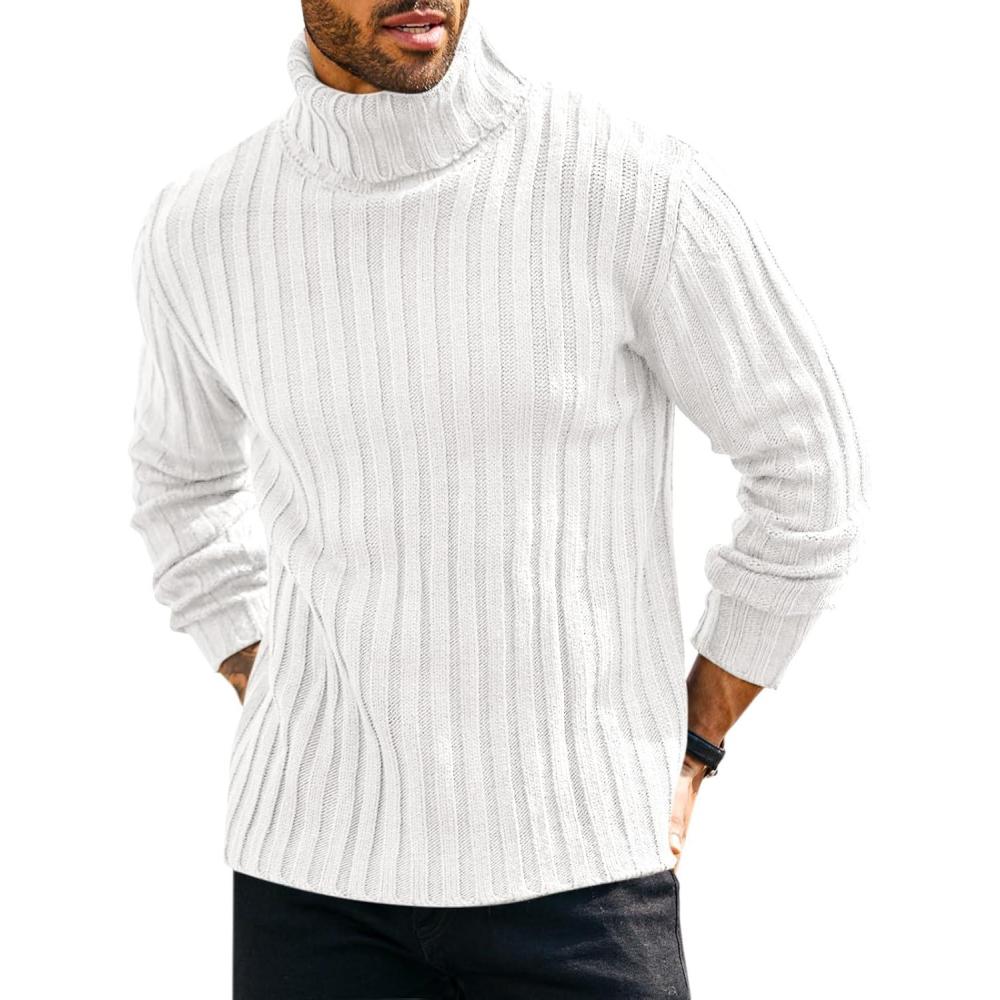 imageRuncati Mens Chunky Turtleneck Sweaters Cable Knitted Casual Slim Fit Fall Winter Warm Pullover SweaterWhite