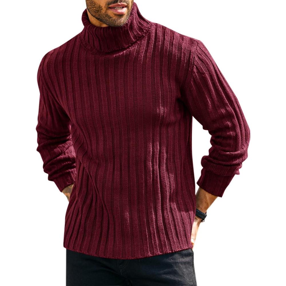 imageRuncati Mens Chunky Turtleneck Sweaters Cable Knitted Casual Slim Fit Fall Winter Warm Pullover SweaterWine Red