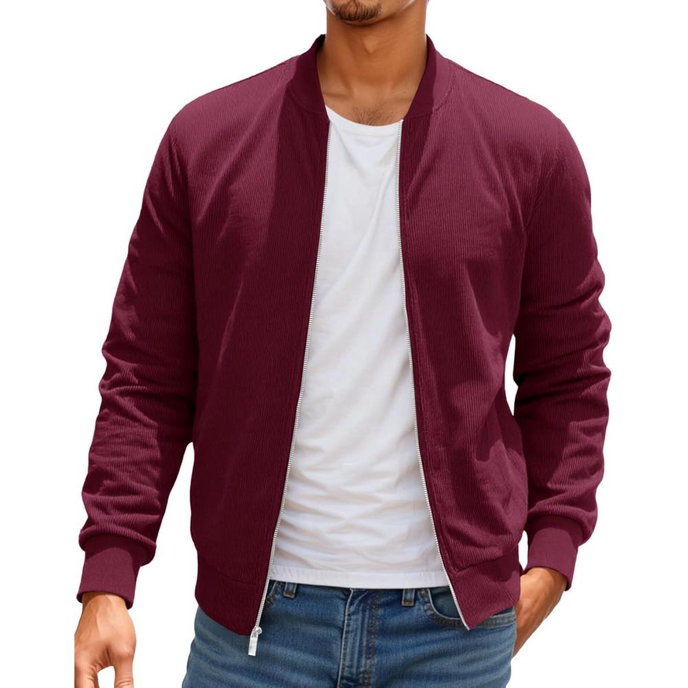 imageRuncati Mens Corduroy Bomber Jacket Lightweight Zip Up Casual Vintage Fall Varsity Jacket with PocketsBurgundy