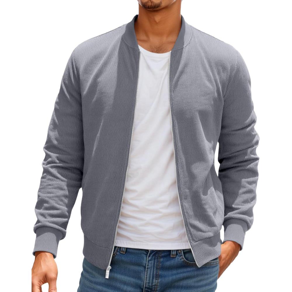 imageRuncati Mens Corduroy Bomber Jacket Lightweight Zip Up Casual Vintage Fall Varsity Jacket with PocketsGrey