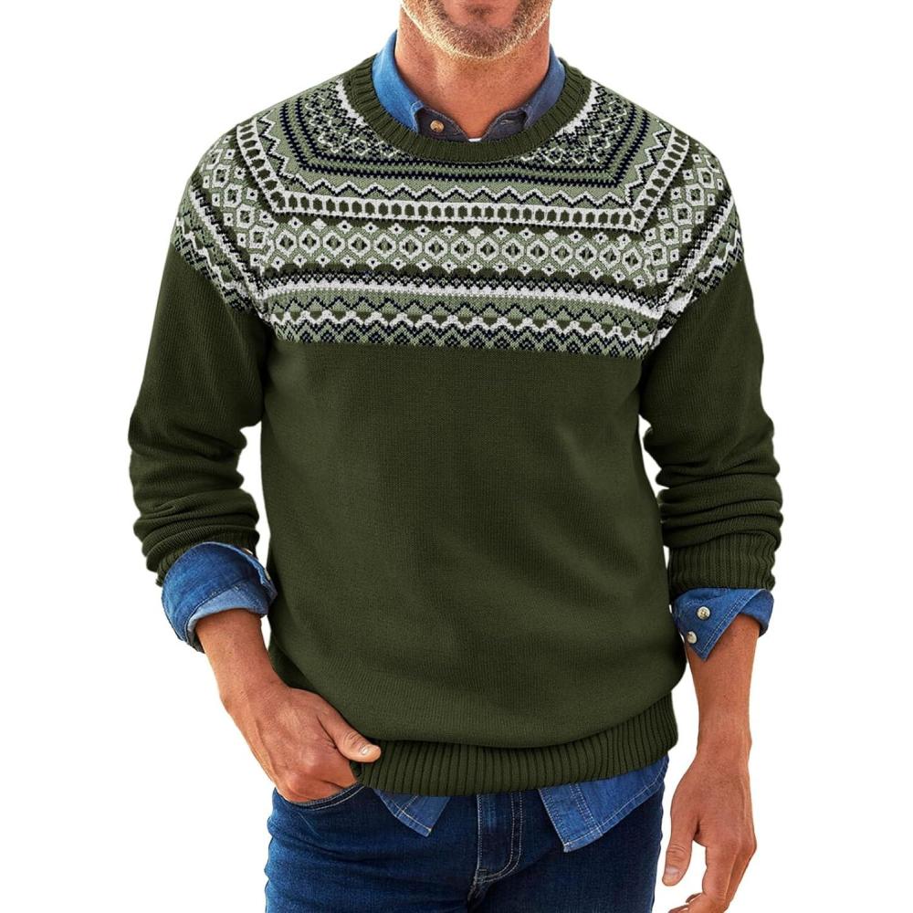 imageRuncati Mens Crew Neck Sweater Casual Fair Isle Knit Pullover Long Sleeve Fall Winter Chunky SweatersArmy Green