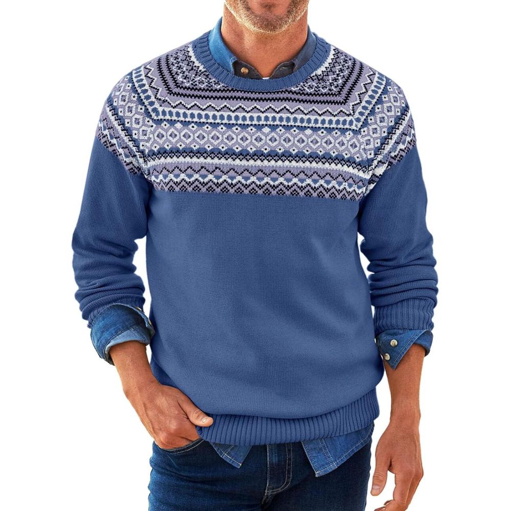 imageRuncati Mens Crew Neck Sweater Casual Fair Isle Knit Pullover Long Sleeve Fall Winter Chunky SweatersBlue