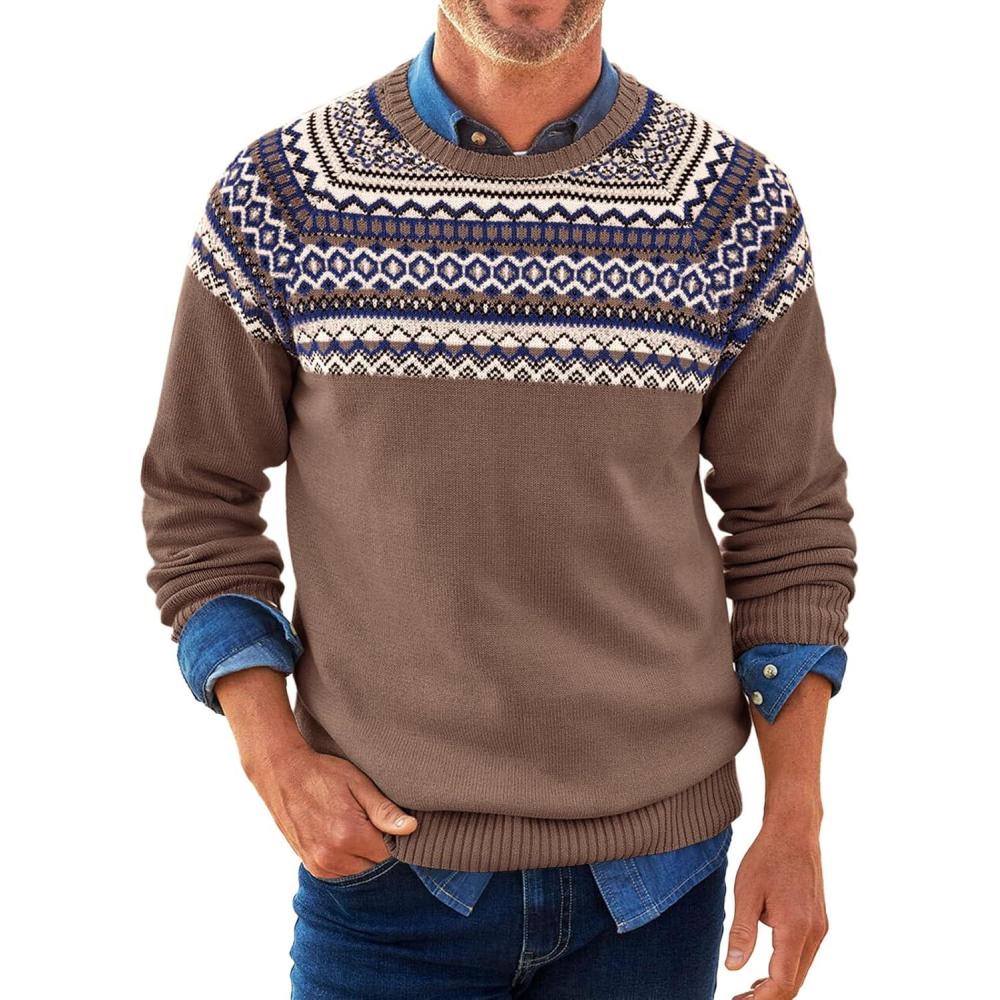 imageRuncati Mens Crew Neck Sweater Casual Fair Isle Knit Pullover Long Sleeve Fall Winter Chunky SweatersCoffee