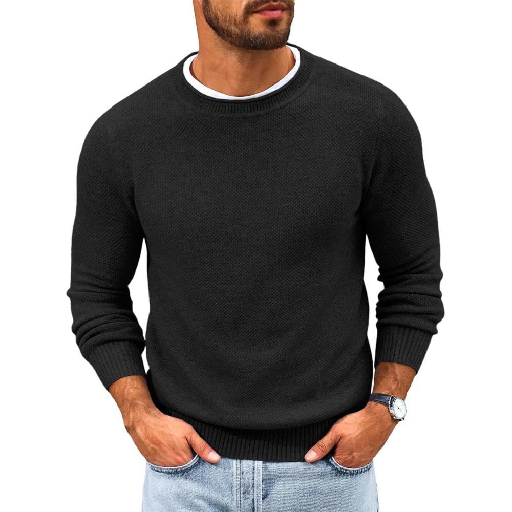 imageRuncati Mens Crewneck Sweater Casual Textured Knitted Thermal Pullover SweatersBlack