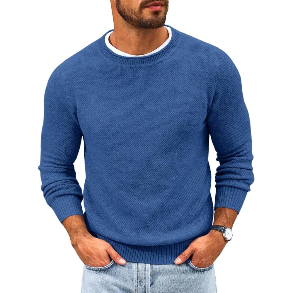 imageRuncati Mens Crewneck Sweater Casual Textured Knitted Thermal Pullover SweatersBlue Gray
